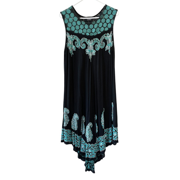 SAKKAS Zayna One Size Black Turquoise Pullover Sleeveless Boho Caftan Tank Dress - Picture 2 of 9